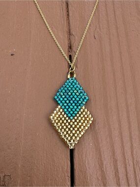 Handmade Gold and Teal Beaded Pendant Necklace
